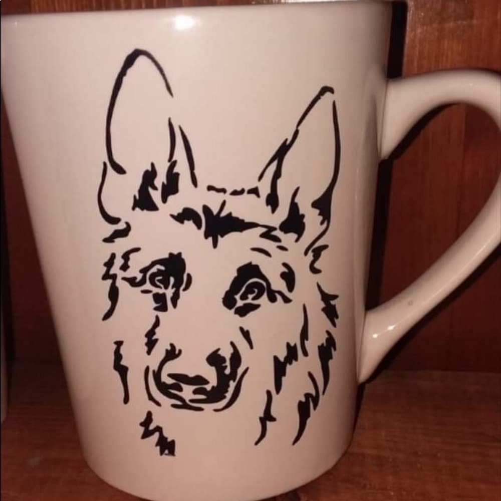 German Shepherd on Coffee Cup. Diff. styles/colors of coff. cups & vinyls too